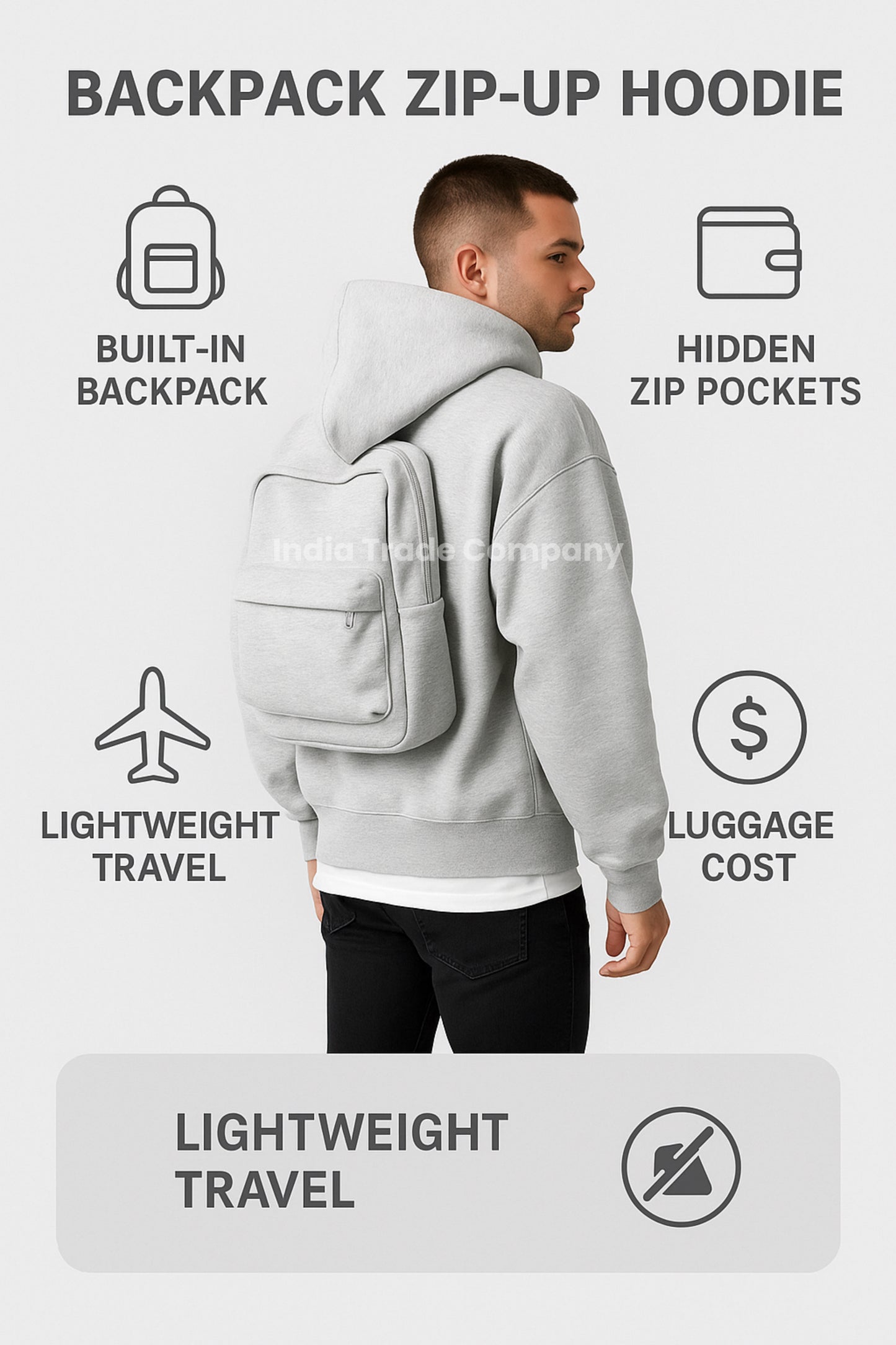 Men's Solid Custom Backpack Zip Up Hoodie